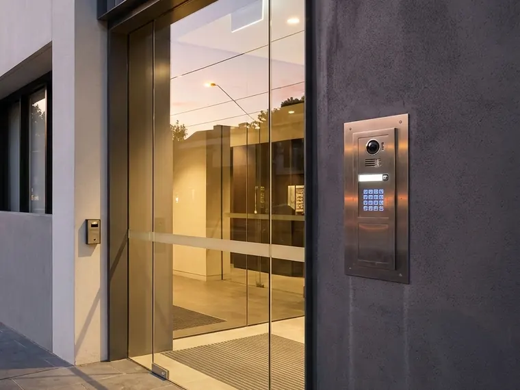 Glass entrance of an apartment building with an intercom and keypad panel beside the door