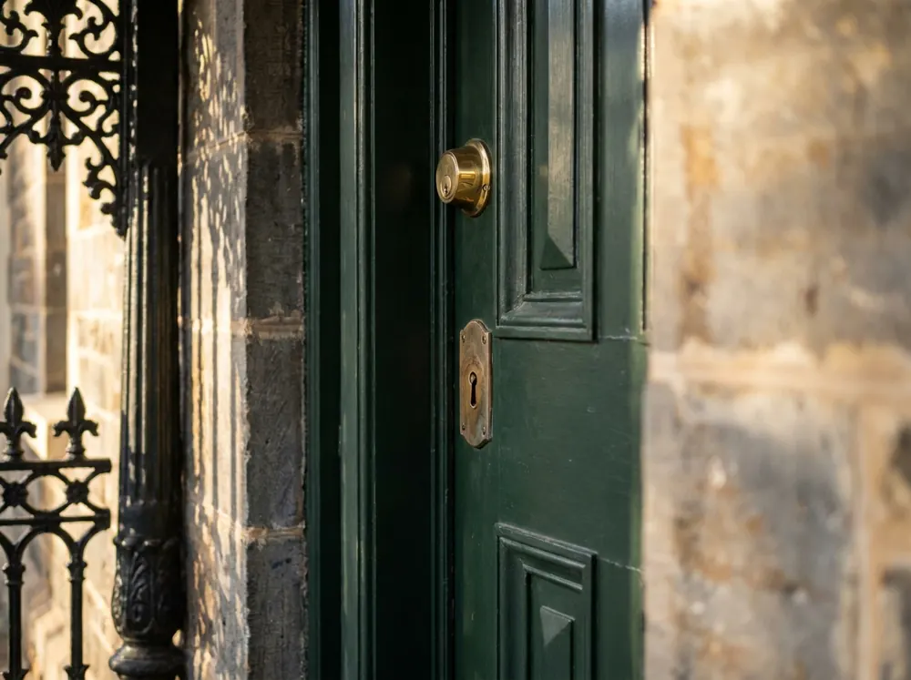 Heritage bluestone house door with an old mortice lock keyhole and a brass deadlock