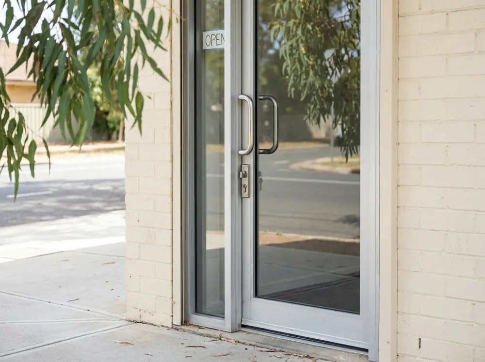 Aluminium-framed glass shopfront door with a key cylinder lock and pull handles