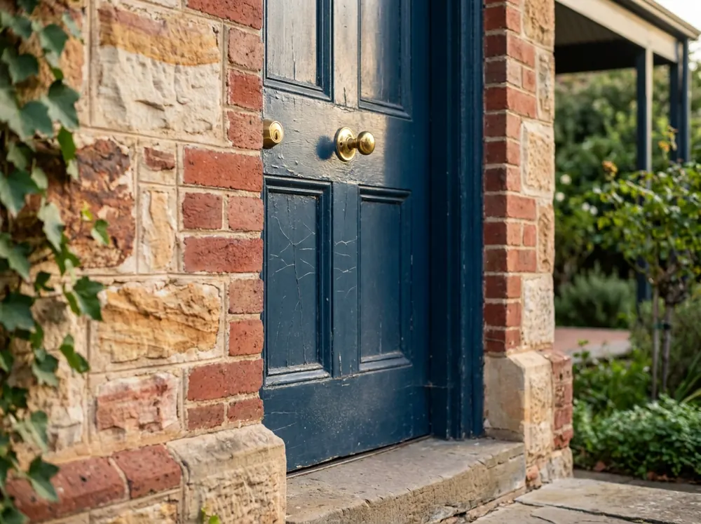 Painted timber front door with a brass deadlock and knob set on a sandstone and brick villa
